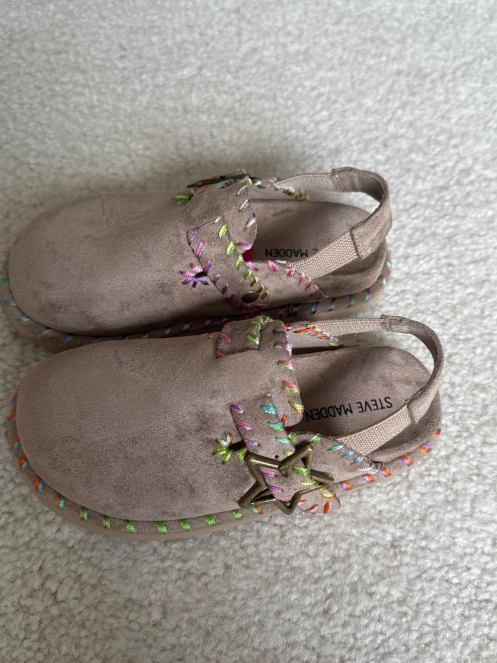 Steve Madden Kids Taupe Suede Slip-On Sandals with Multicolor Stitching